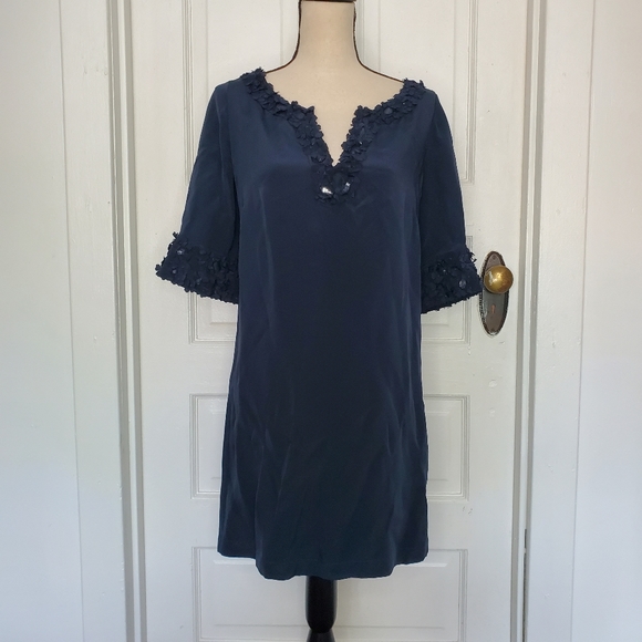 Rebecca Taylor Dresses & Skirts - Rebecca Taylor Navy Silk Shift Dress Floral Embellishment
